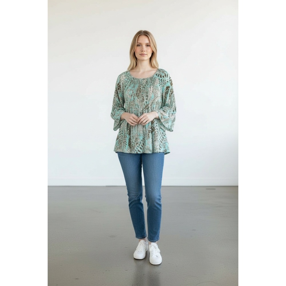Sunny Leigh Aqua Brown Paisley Boho Peasant Blouse Bell Sleeve Smocked Large